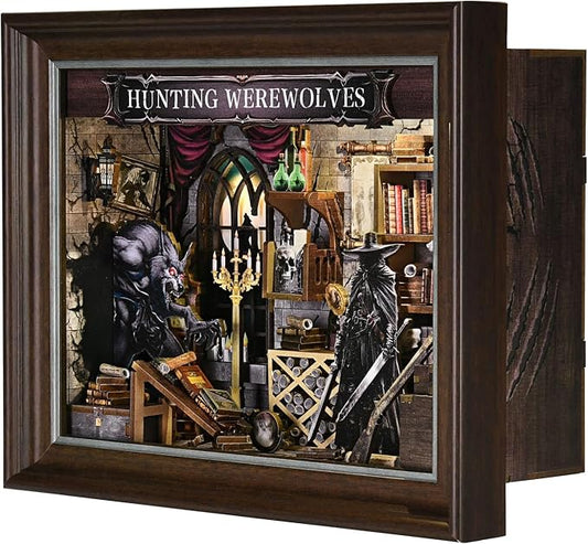 Book Nook Kit-3D Wooden Puzzle with LED Touch Control & Wall-Mountable Frame,DIY Miniature House for Beginners,Bookshelf/Tabletop/Wall Decor for Craft Lovers,Dollhouse Gift,Hunting Werewolves