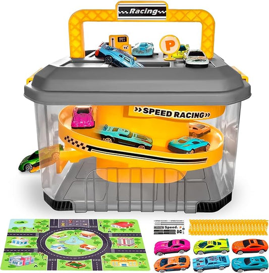Toy Car Track Storage Playset - Toddler Toys 3-4, Car Toys Race Set with 12 Diecast Cars, City Play Mat, Race Ramp, Portable Storage Bucket - Birthday Gift Toys for 3 4 5 Year Old Kids Boys