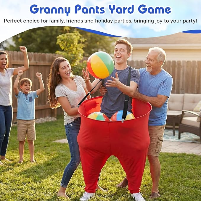2 Pcs Granny Pants Yard Game with Suspenders, 16 Bouncy Balls & 2 Pumps - Hilarious Outdoor Party Game for Adults, Kids, Family Reunions & Field Days