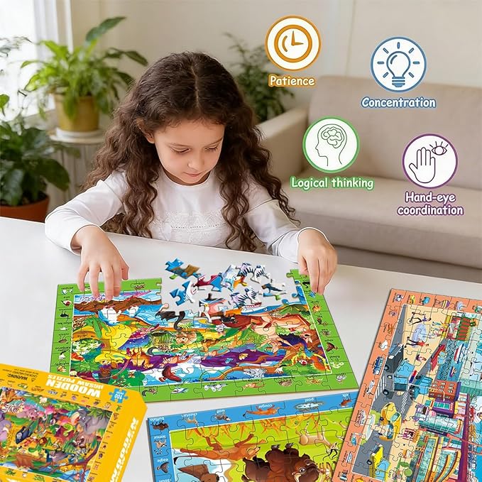 100 Piece Puzzles for Kids Ages 4-6 8-10, Safe Educational Jigsaw Puzzles Wildlife, Jungle, Fantasy & City Life, Fun Learning Toys Gifts for Boys Girls 4-Pack
