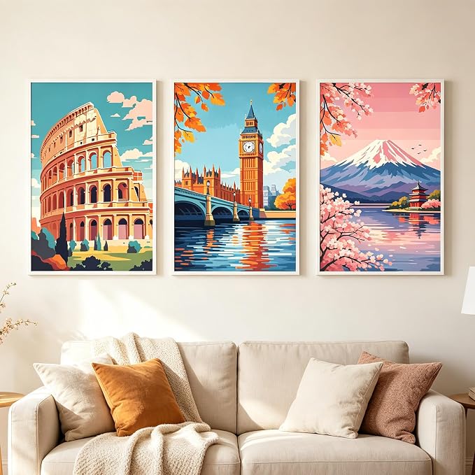 FLUXOJOY 6 Pack Painting by Number Kits for Adult, DIY Canvas Color Painting Kit for Kids or Beginner with Paint Brushes Acrylic Pigment Drawing Paintwork 20x30cm Without Frame (City Landmark-6 Pack)