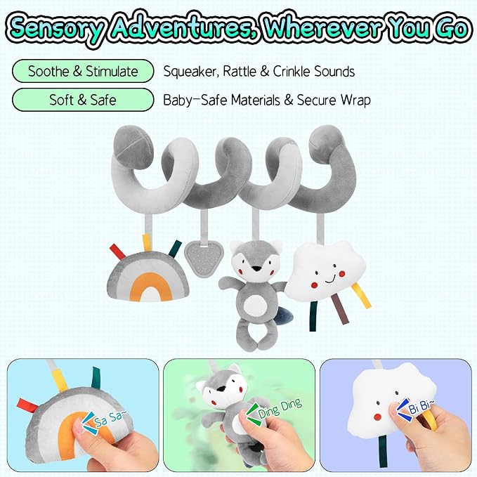 Car Seat Toys for Babies 0-6 Months: Travel Baby Toy for Soft Hanging Toys for Carseat, Spiral Stroller Activity Toy Plush for Infant Boys Girls, Grey Fox