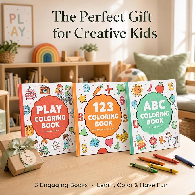 Fun Coloring Book for Kids - Set of 3 Cute Toddler Coloring Books with Big Simple Designs - Educational Activity Water Color Book with Themes for Alphabet, Numbers, Colors & Shapes for Boys and Girls
