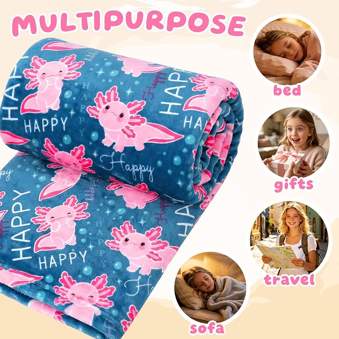Axolotl Blanket for Girls Gifts, Glow in The Dark Blanket Throw Soft, Axolotl Gifts for Girls Toys, Kids Teens Cute Salamander Room Decor 50"x60"