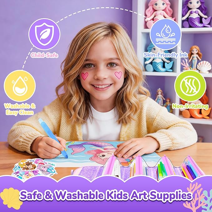 Mermaid Arts and Crafts for Girls Ages 4–5–6–7–8, 70 PCS Art Supplies Set for Kids with Washable Markers, Bonus Mermaid Hairpin, 3D Glitter Case, Scented Gel Pens & Twist-Up Crayons, Birthday Gift