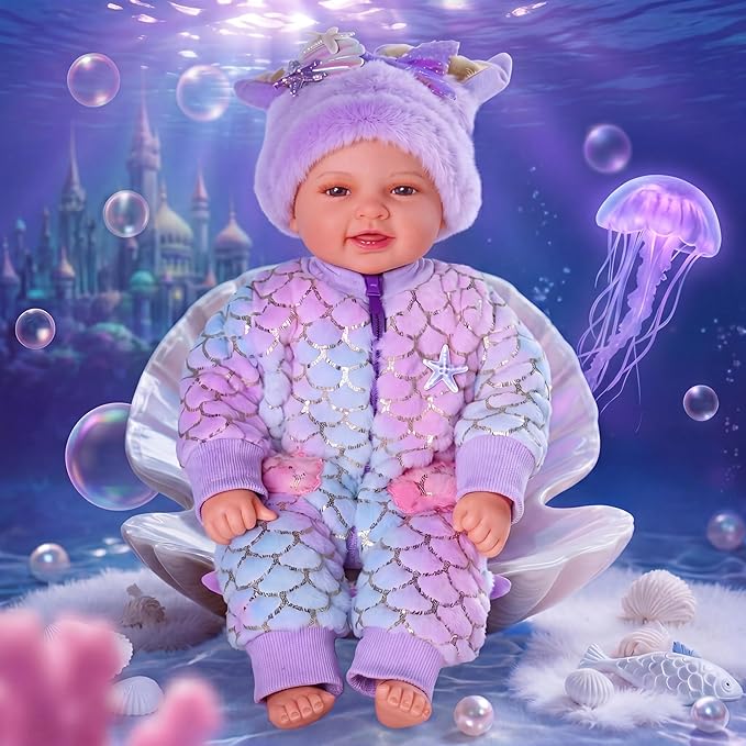 BABESIDE Mermaid Baby Doll Girl, 17-Inch Realistic Soft Baby Dolls with Shiny Mermaid Tail & Accessories, Cute Mermaid Toys for Girls Ages 3+ Kids, Christmas, Birthday