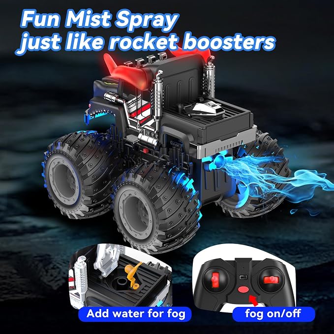 AUUGUU Remote Control Car, 2.4GHz Monster Trucks Toys with Light Spray, Birthday Gift for Kids 3 4 5 6 7 8, All Terrain RC Cars, Toddler Toys for Boys Girls 3+ Year Old (Bull)