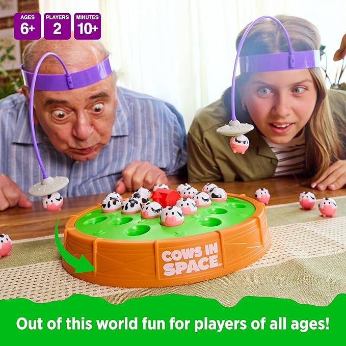 Cows in Space By Relatable - 2026 Toy of The Year Finalist, The Kid-Friendly Extraterrestrial Fun 2 Player Games - Includes 2 UFO Headbands, 1 Electronic Spinning Base, 21 Cows, and Instructions
