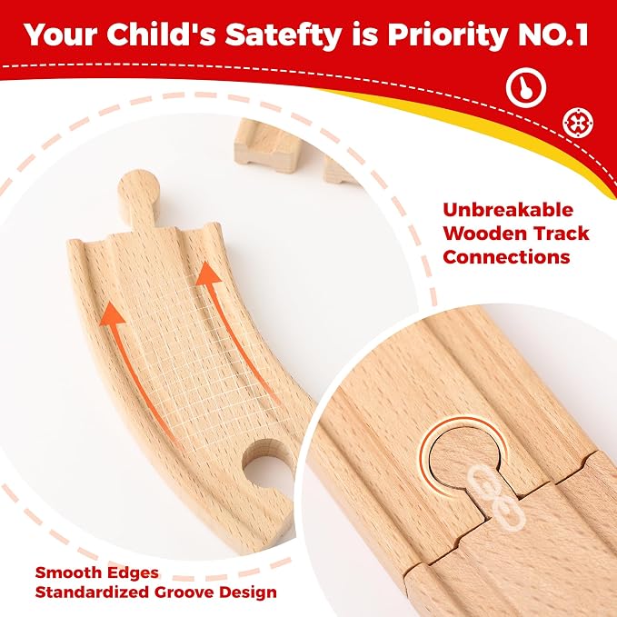 Wooden Train Tracks 24 Pieces Set, Track Expansion Pack with Storage Bag - Includes Male/Female Adapters - 100% Compatible with All Major Brands Including Thomas, Brio, Melissa & Doug