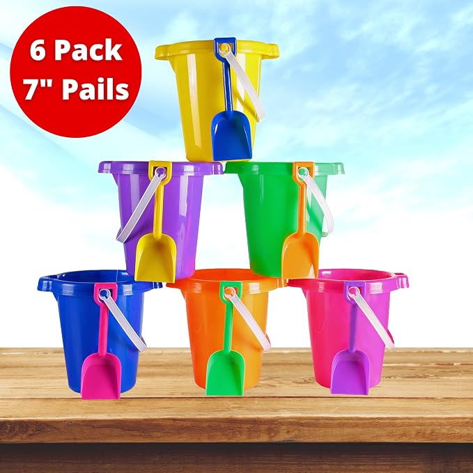 4E's Novelty 6 Pack 7.5" Beach Buckets and Shovels for Kids Bulk - Strong Large Sand Bucket for Toddler Beach Toys for Kids 3-10, Sandbox Toys