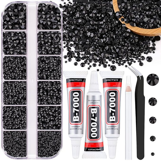 Resin Jelly Rhinestones for Crafting with B7000 Jewelry Glue, 1 Box Black Flatback Crystal with 3Pcs 10ml Glue, Bedazzling Non Hotfix Gems for DIY Tumblers Clothing Shoes Manicure