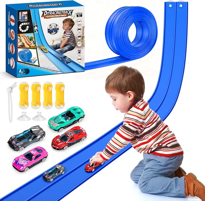 15Ft Flexible Race Car Track for Kids with Suction Cups Compatible with Diecast 1/64th Cars for Ages 3 & Up Blue Gray Orange Red Classic Long Rolls Up Portable Racetrack (Blue)