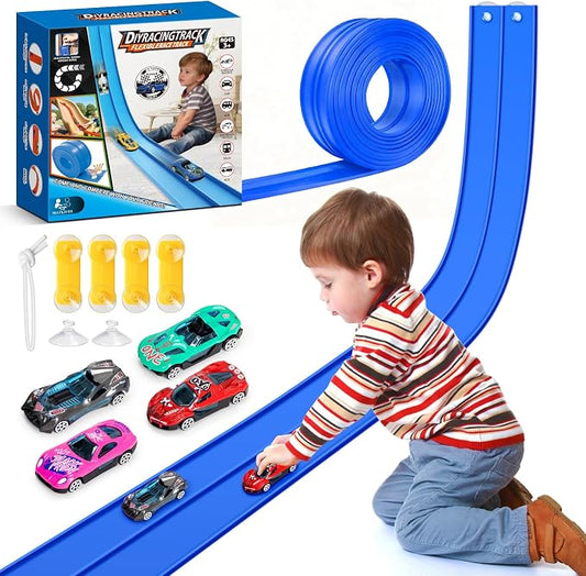 15Ft Flexible Race Car Track for Kids with Suction Cups Compatible with Diecast 1/64th Cars for Ages 3 & Up Blue Gray Orange Red Classic Long Rolls Up Portable Racetrack (Blue)