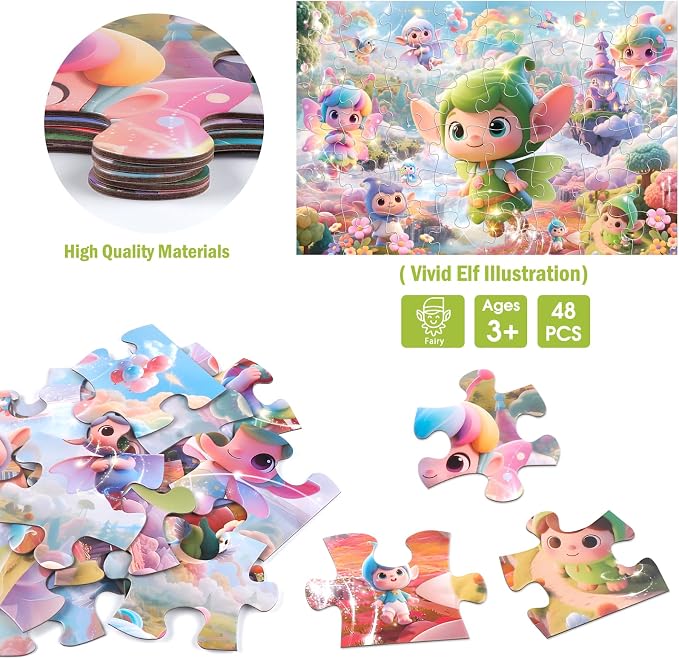 IFLOVE Fairy Floor Puzzle for Kids — 48 Piece Jumbo Jigsaw Puzzle, Magical Fairy Tale Puzzle with Flowers Butterflies, Educational Toy Birthday for Girls Boys Ages 3-8