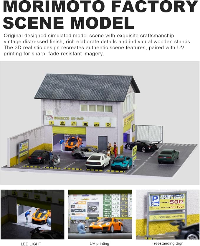 1/64 Scale Display Case Car Garage Model, Morimoto Factory Cover Diecast Diorama Box Decorative Miniature Scene with LED Light 5 Parking Spaces for Toy Car Display and Storage