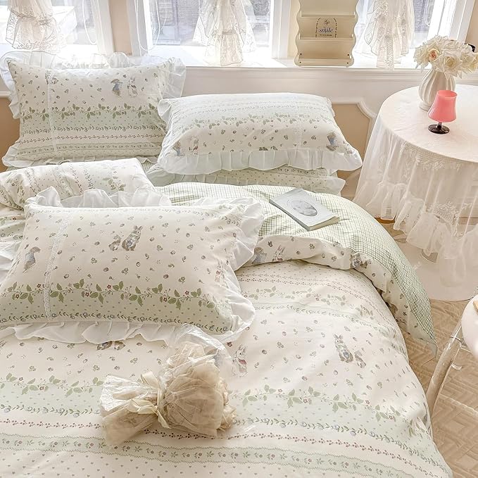 LifeTB Ruffle Floral Comforter Girls Flower Comforter Set Queen Aesthetic Leaves Floral Bedding Comforter with Cute Rabbit Reversible Green Plaid Comforter Princess Bedding Botanical Comforter Set
