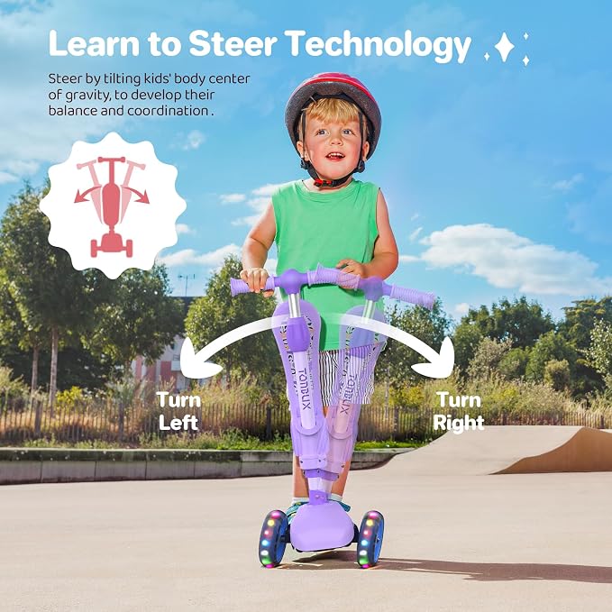 TONBUX Kids Scooter with Seat, 3 Wheels Scooter with PU Luminous Wheels, Non-Slip Handle and Wide Deck, Sensitive Brakes, 4-Level Adjustable Height, Scooters for Kids 2–8 Years
