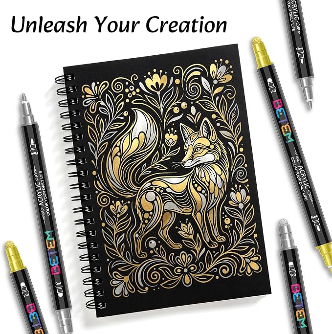 Betem 6 Gold&Silver Dual Tip Acrylic Paint Markers, Fabric Decorating Kits Premium Water-Based Acrylic Paint Pens Art Supplies for Fabric, Rock, Wood, Glass, Canvas, Ceramic, Teacher Appreciation Gift