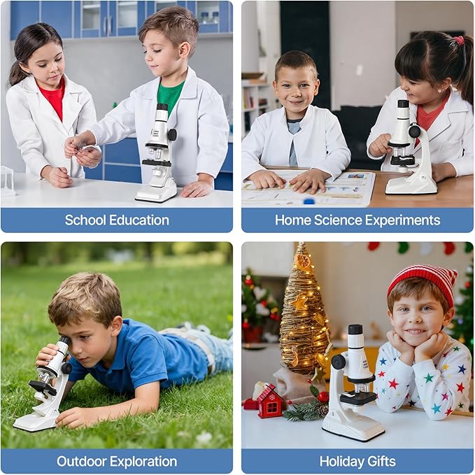 61 Piece Kids Microscope Kit - 100X-1200X with LED Light, Science Kit with Blank and Prepared Slides, Phone Holder, Carrying Box, STEM Project Toy, Educational Gift for Children Ages 6-12