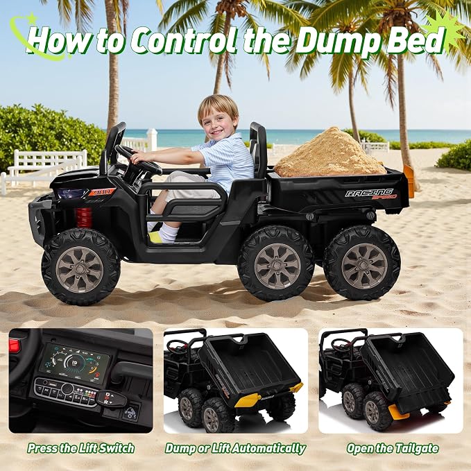 24V Ride On Dump Truck Car for Big Kids 2 Seater XL, 4WD 6-Wheels Battery Powered Ride On Toy with Remote Control, 800W Powerful Motors, Dump Bed & Shovel, Electric UTV for Boys Girls