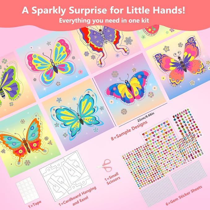 Marlrin Butterfly Gem Crafts for Girls Ages 4-8, Diamond Art Kit for Kids | 8 Pack Easy Gem Sticker Arts, 1000+ Gems, Peel & Stick No Mess, Hang & Display Stand, Party Favor, Birthday Gift for Girls