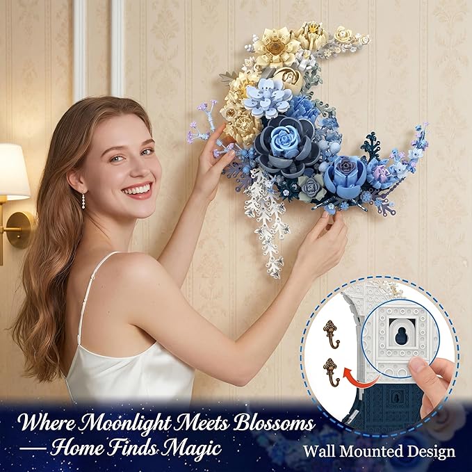 Blue Moon Flower Building Set, Botanical Collection Artificial Flowers Building Blocks Kit Compatible with Lego for Adults Home Décor Wall Art Decoration
