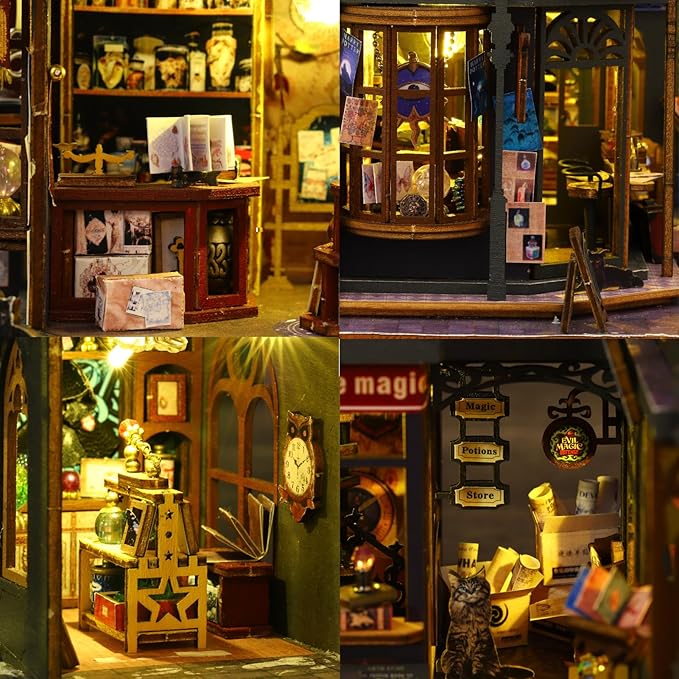 Plustopoy Miniature House Kit DIY Mini House Building Kit with LED Light, DIY Mini Dollhouse with Furniture Book Nook Kit, 3D Wooden Puzzle Wooden Bookend Shelf Insert Decro (Holo Magic City)