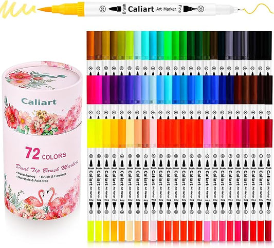 Caliart 72 Colors Double Tip Brush Pens Art Markers, Artist Fine & Brush Coloring Markers for Adult Book Journaling Calligraphy Lettering Planners Cards Drawing Craft Kit Teacher Office Supplies