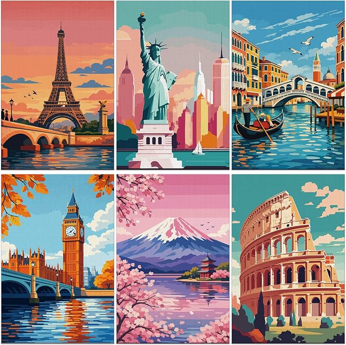FLUXOJOY 6 Pack Painting by Number Kits for Adult, DIY Canvas Color Painting Kit for Kids or Beginner with Paint Brushes Acrylic Pigment Drawing Paintwork 20x30cm Without Frame (City Landmark-6 Pack)
