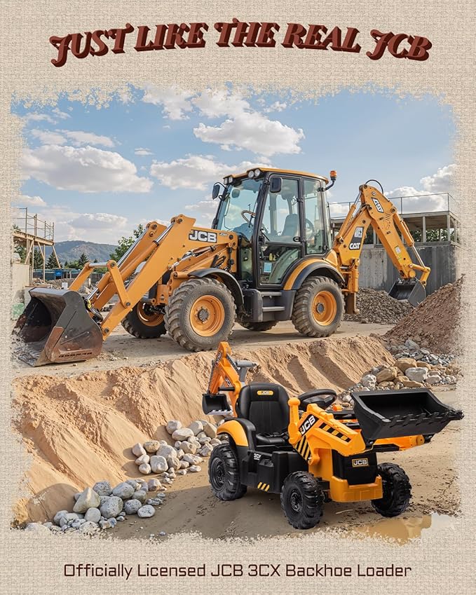 First Ride On JCB 3CX Licensed 24V Excavator Ride On Toys for Kids, Backhoe Digger Toy with Reversible Seat, Removable Front & Rear Arms, Remote Control, Electric Construction Car for Boys Girls (24V)