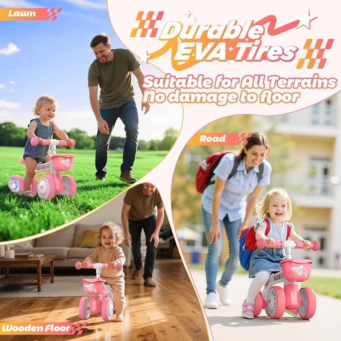 Kkdi Baby Balance Bike Ride on Toys for 1 2 Year Old, Pink Toddler Bike, First Birthday Gifts for 1 2 Year Old Girls, Baby Indoor Outdoor Toy, Colorful Lighting Silent Wheels, No Pedal/Basket