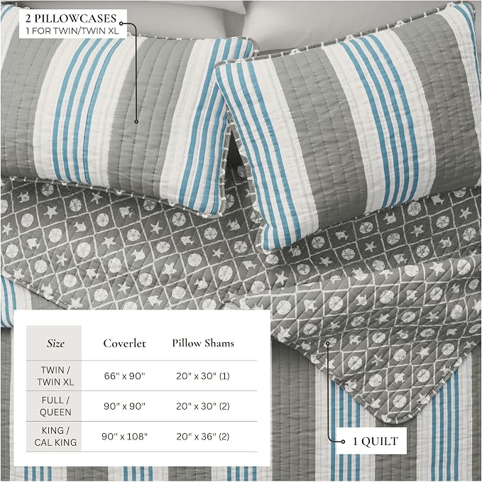 Great Bay Home Coastal Quilt Set - 3-Piece King/California King Size Stripe Bedding Set - Lightweight, All-Season, Reversible Bedspread (Coastal Stripe)