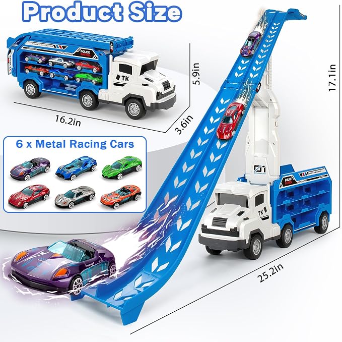 BainGesk Truck Car Toys for 3, 4, 5, 6 Years Old Boys Girls, 25 in Race Track Truck Toys, Foldable 2 Layer Carrier Transport Car with 6 Metal Cars, Birthday Toys Gifts for Toddler