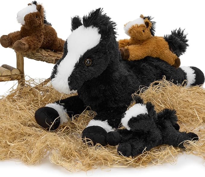 Tezituor 4Pcs Horse Stuffed Animal Set, 21inch Large Stuffed Mommy Horse with 3 Babies Pony Toys for Boys Girls, Black Stuffed Pony Plush Pillow Birthday Party Gift for Kids
