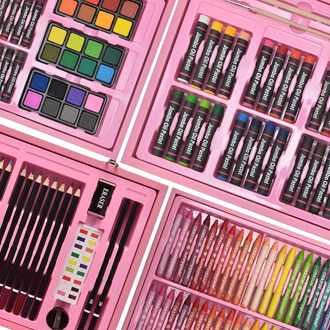 Sunnyglade 145 Piece Deluxe Art Set, Wooden Art Box & Drawing Kit with Crayons, Oil Pastels, Colored Pencils, Watercolor Cakes, Sketch Pencils, Paint Brush, Sharpener, Eraser, Color Chart (Pink)