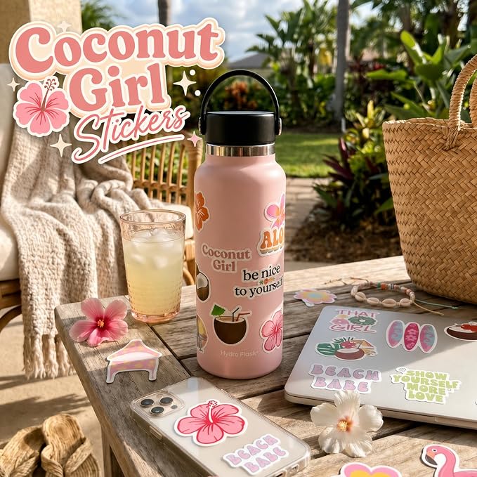 QTL Coconut Girl Stickers for Girls Teens, Summer Party Supplies, Waterproof Vinyl Stickers for Water Bottles Laptop, 60PCS