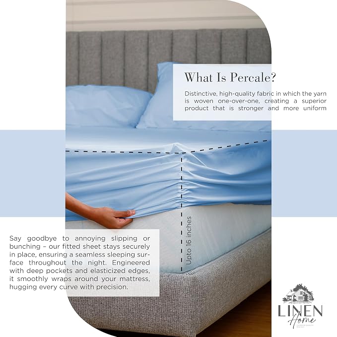 Linen Home 2-Pack Queen Sheet Set, 100% Cotton Percale Bedding, 8-Piece Value Bundle, Deep Pocket Cooling Bed Sheets for Hot Sleepers, Breathable & Crisp Hotel Quality, Long-Staple Cotton, Baby Blue