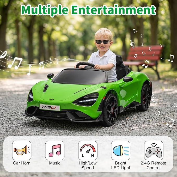 Kids Ride-on Car Licensed McLaren765LT for 3-6Years Old, Electric car 12V Battery Powered Electric Vehicle, w/Parent Remote, Music Player, LED Lights, Smooth Start, 3 Speeds, (Green)