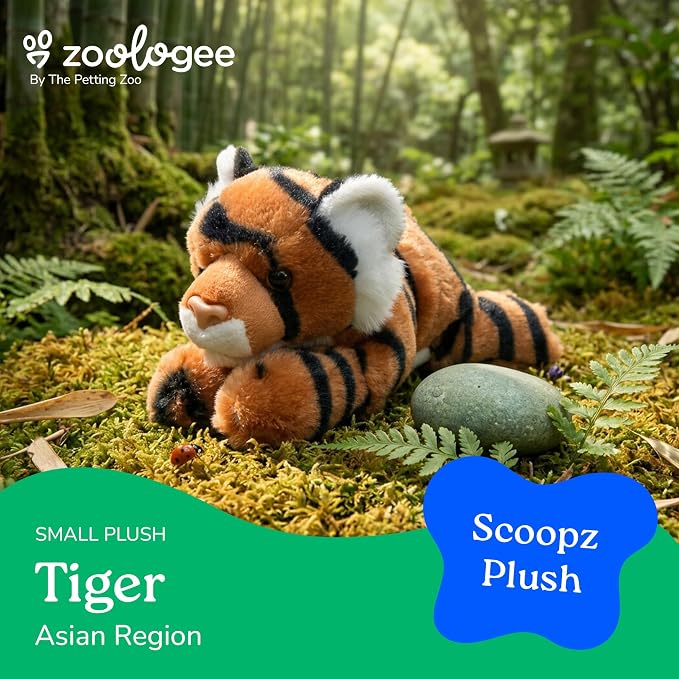 The Petting Zoo Tiger Stuffed Animal Plushie, Gifts for Kids, Scoopz Wildlife Animals, Orange Striped Tiger Plush Toy, 8 inches