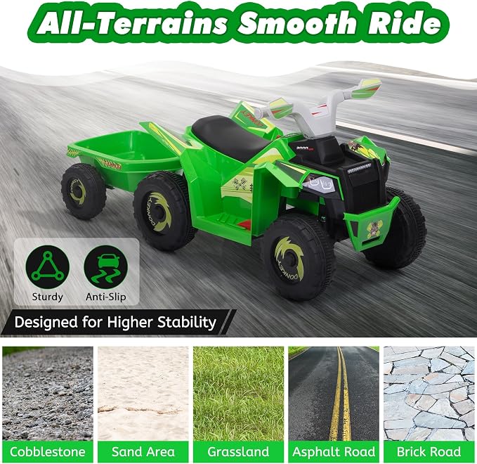 TOBBI 6V Electric Kids Ride On Toy ATV with Trailer, 4 Wheeler Powered Car, Toddler Vehicle to Drive with Music/Battery Volume Display for Children Age 2-6-Green