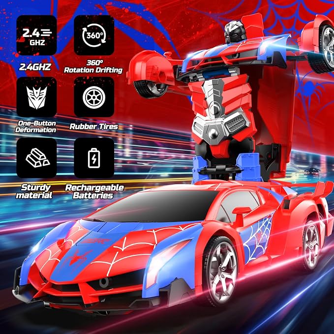 DEERC Spider RC Car Transform Robot, 2.4GHz Remote Control Spider Cars for Kids, 1:18 Scale Toy Car W/One-Key Transformation, 360° Rotation, Auto Mode, Rechargeable Battery, Robot for Man Boys