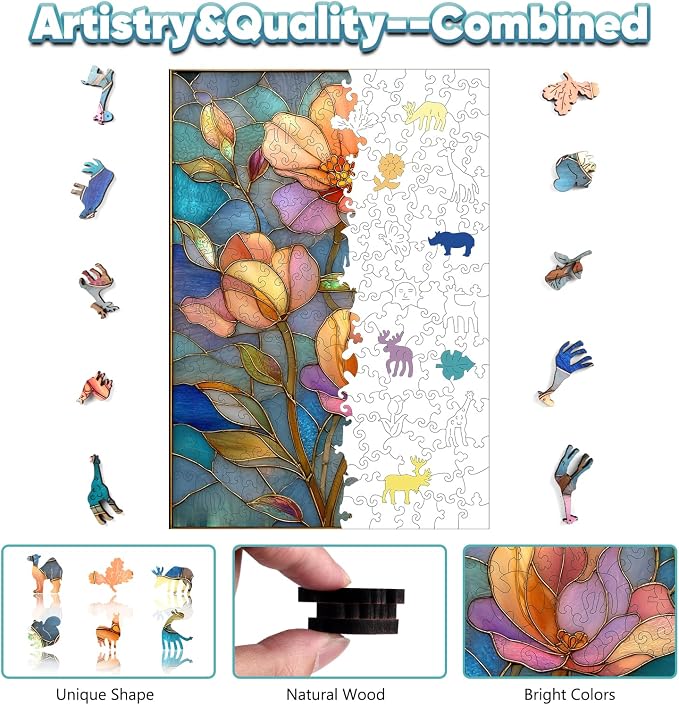 Leodozzio Wooden Puzzle for Adults, Mother’s Day Stained Glass Flower Puzzle, 200 Piece Unique Shape Jigsaw, 5MM Thick, Gift for Her, Home Art Decoration, 8.7 x 12.5 Inch