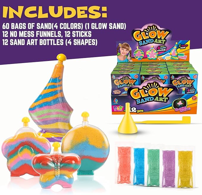 Create Your Own Magic Sand Art Glitter Activity | Glow in the Dark Colored Custom Sand Kits for Kids - Includes 12 Bottles, Funnels, Sticks, 60 Bags of Colorful Sand | DIY Arts and Crafts (12 Pack)