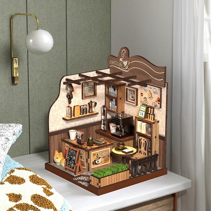DIY Mini House Country Cafe 3D Wooden Puzzle Craft Model for Adults, Miniature Dollhouse Kit, Mini Coffee Shop Building Kit with Tools, Creative Home Decor & Unique Gift for Coffee Lovers