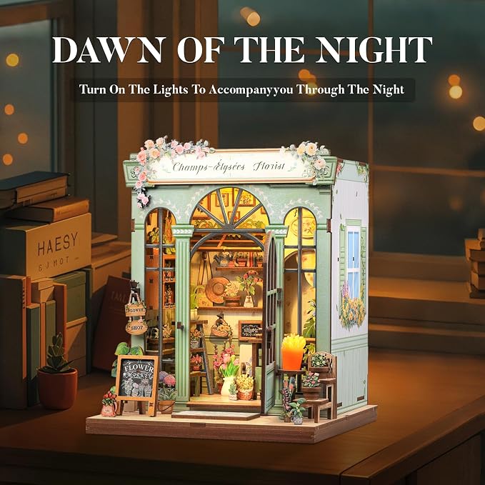 Fsolis Book Nook Kit, 3D Wooden Puzzles for Adults Booknook Garden DIY Miniature House Mini Building Kit Bookshelf Diorama Gifts for Women Puzzle Lovers (Champs-Élysées Florist)