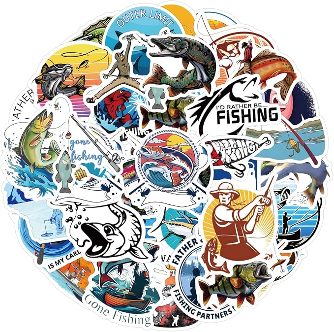 QTL Fishing Stickers for Men Adults, Fishing Party Supplies, Waterproof Vinyl Stickers for Water Bottles and Laptop, 60PCS
