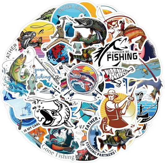 QTL Fishing Stickers for Men Adults, Fishing Party Supplies, Waterproof Vinyl Stickers for Water Bottles and Laptop, 60PCS
