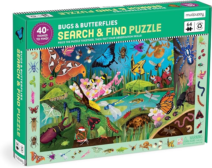 Mudpuppy Bugs & Butterflies — 64 Piece Search & Find Puzzle Jigsaw Puzzle Featuring Diverse Bugs and Insects and Over 40 Hidden Images to Find for Ages 4+