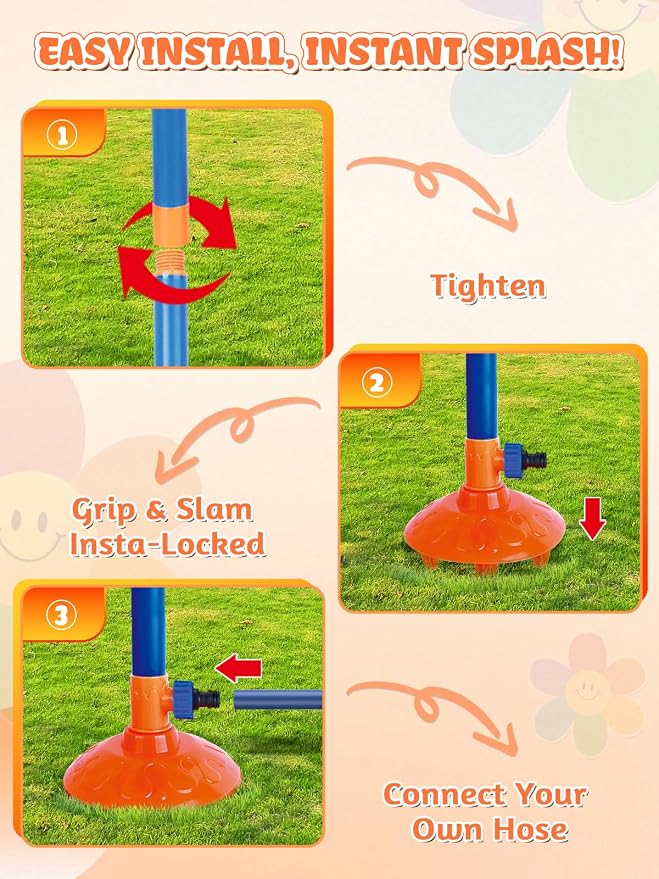 VATOS Water Sprinkler Outdoor Yard Toy for Kids, Smile Face Rainbow Splash Toy with 8 Wiggle Tubes 4 Nozzle, Backyard Lawn Water Sprinkler, Summer Family Games, Fun Water Toys for Kids 3-8 Boy Girl