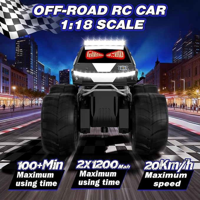 Police Remote Control Car with LED Dynamic Eyes, 1:18 Amphibious RC Cars, 4WD All Terrain Pickup, 2.4GHz Waterproof Cyber Truck, 360° Rotatable Monster Truck Toys for Boys Birthday Gifts Age 6 7 8 9+